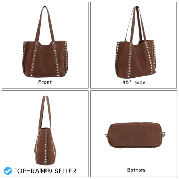 Faux Suede Tote Bag Studded Hobo Shoulder Handbag Vintage Trendy Mini Purse - Picture 3 of 4